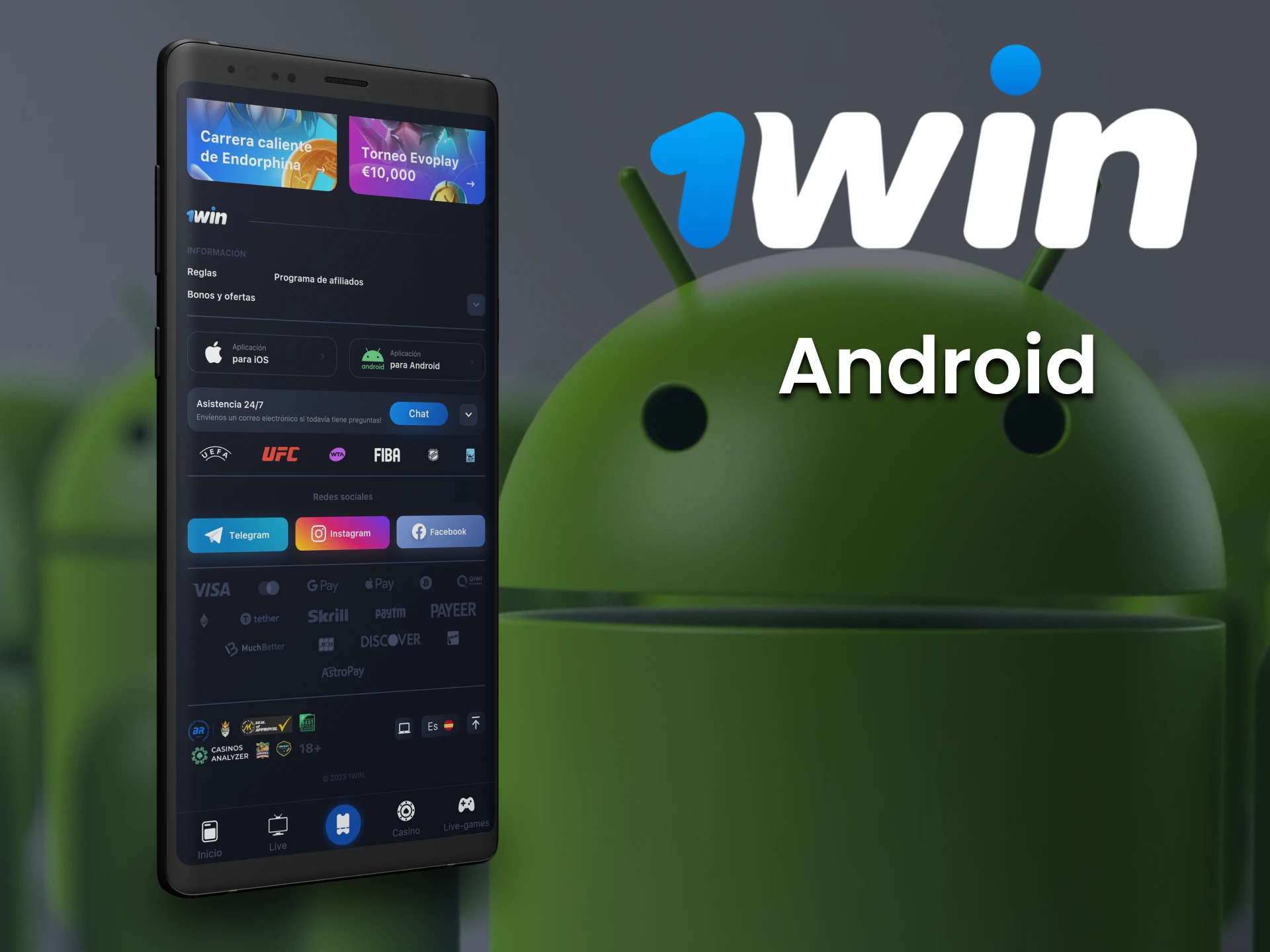 Descarga el 1win APK para tu dispositivo Android e instala la app.