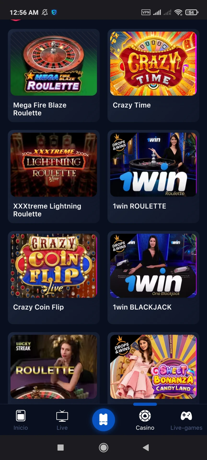 Elija cualquier juego de casino a través de la aplicación 1win.