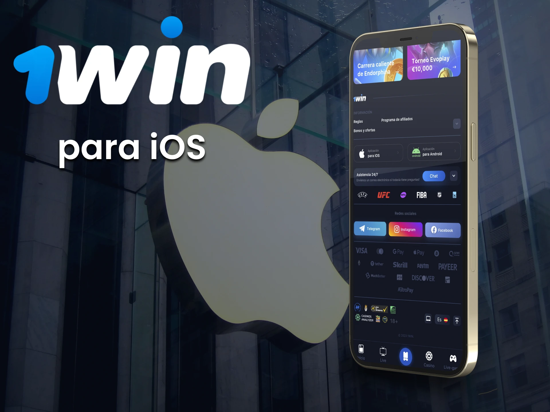 Apueste en deportes con 1win app a través de un dispositivo iOS.
