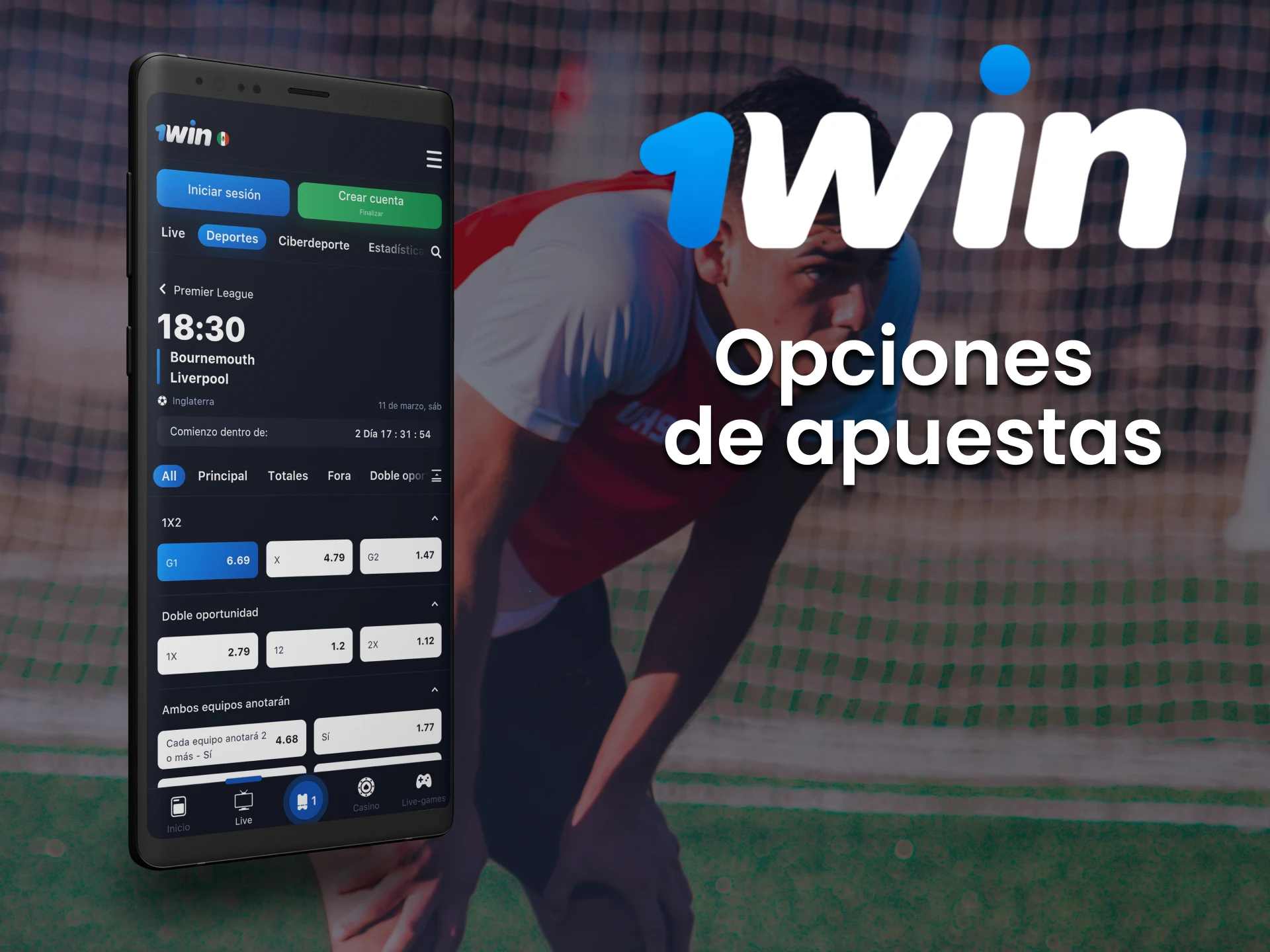 Opciones de apuestas deportivas en la 1win app en México.