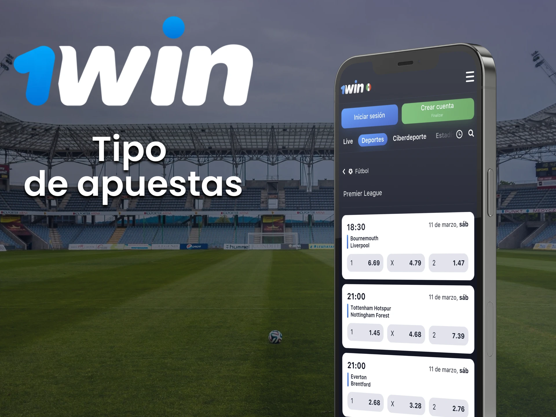 Select the type of bet on the match in the 1win app.