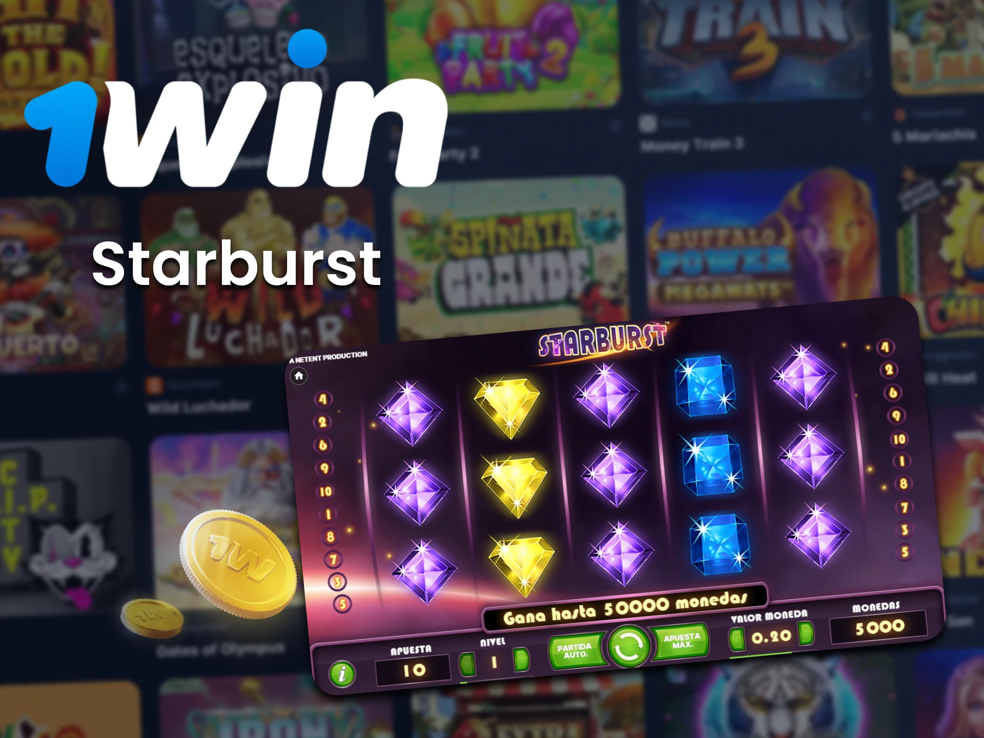 Juega Starburst con 1win en la sección de tragamonedas.