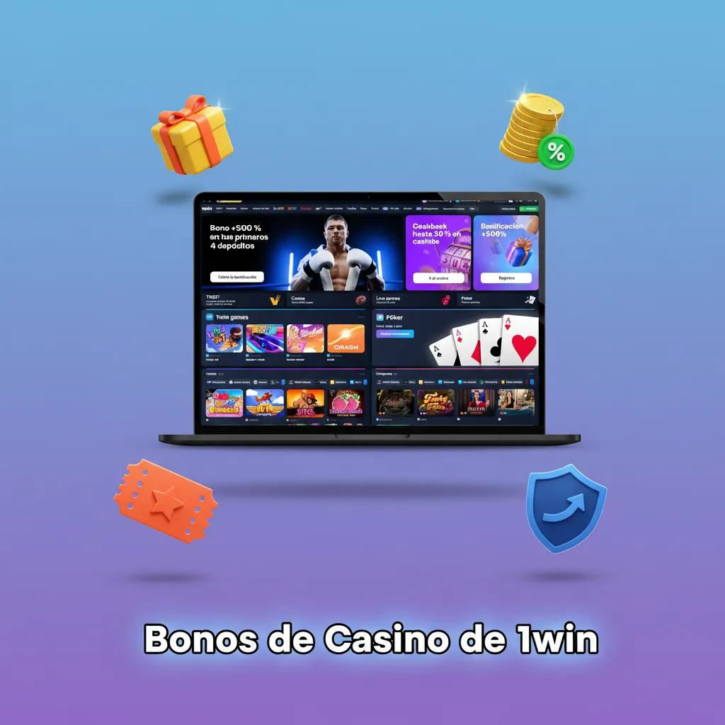 Banner de Bonos de Casino 1win: recarga semanal 50% hasta $3,000 MXN, 50 giros, 10% cashback y torneos de tragamonedas.