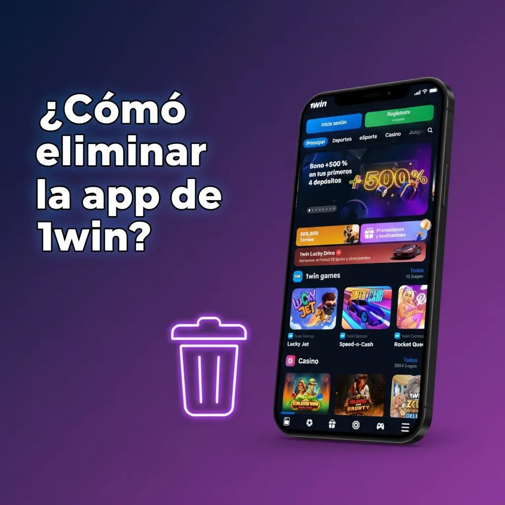 Cómo eliminar la app 1win: en Android, mantener pulsado y Desinstalar; en iOS PWA, borrar acceso directo.