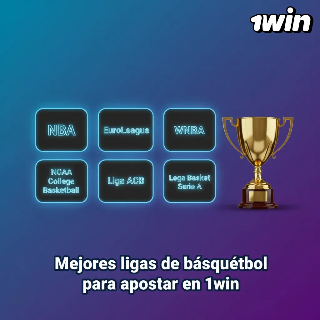 Banner de 1win con las mejores ligas de básquet: NBA, EuroLeague, NCAA, WNBA, LNBP, FIBA y Liga ACB para apostar